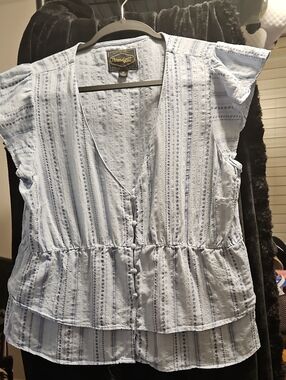 Thread & Supply Light Blue Striped Ruffle-Sleeve Button Front Blouse